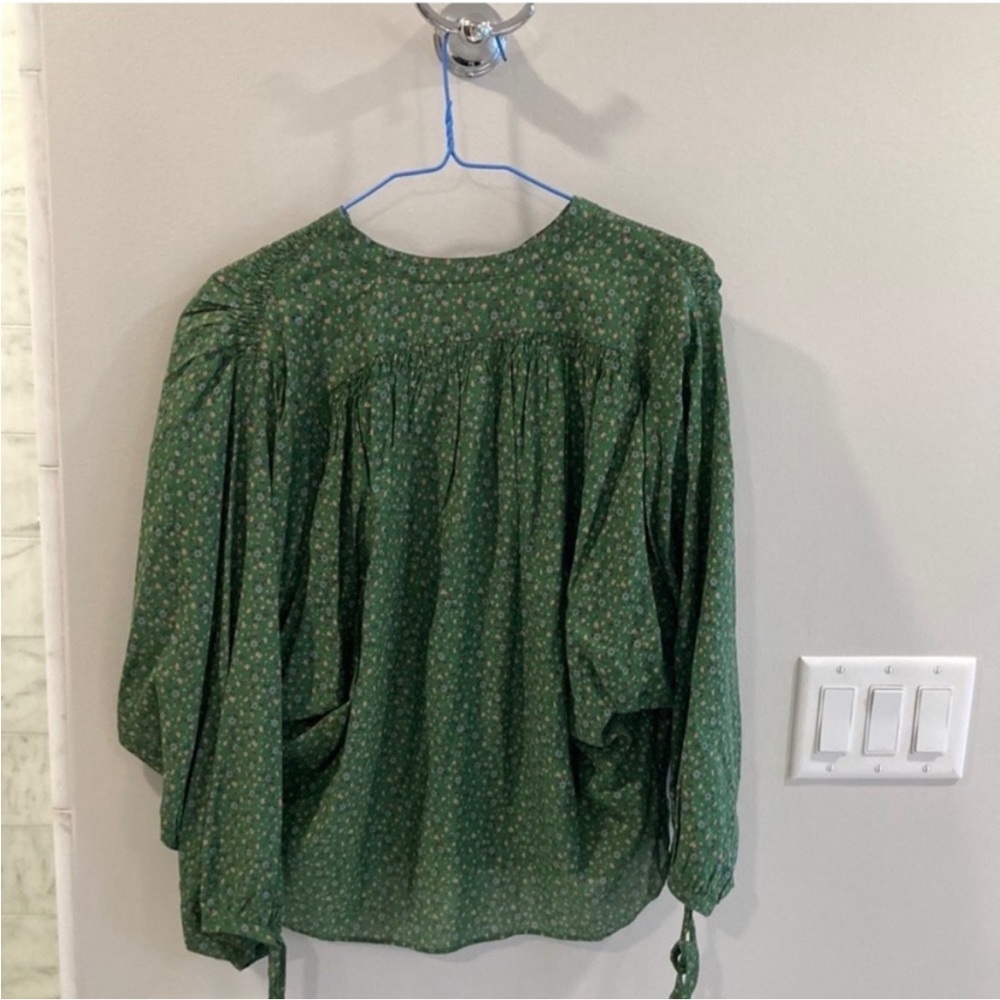 Doen Green Boxy 3/4 Sleeve Blouse with Mandarin Collar - O'Keefe Top. Size M. - Picture 4 of 5